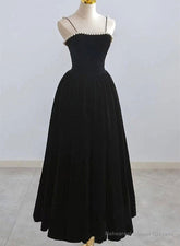 Black Tea Legnth Straps A-line Wedding Party Dress, Black Bridesmaid Dress